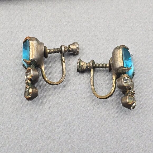 Vintage Aquamarine & Clear Paste Earrings | Screw-Back Glam Statement Jewelry - Picture 2 of 11